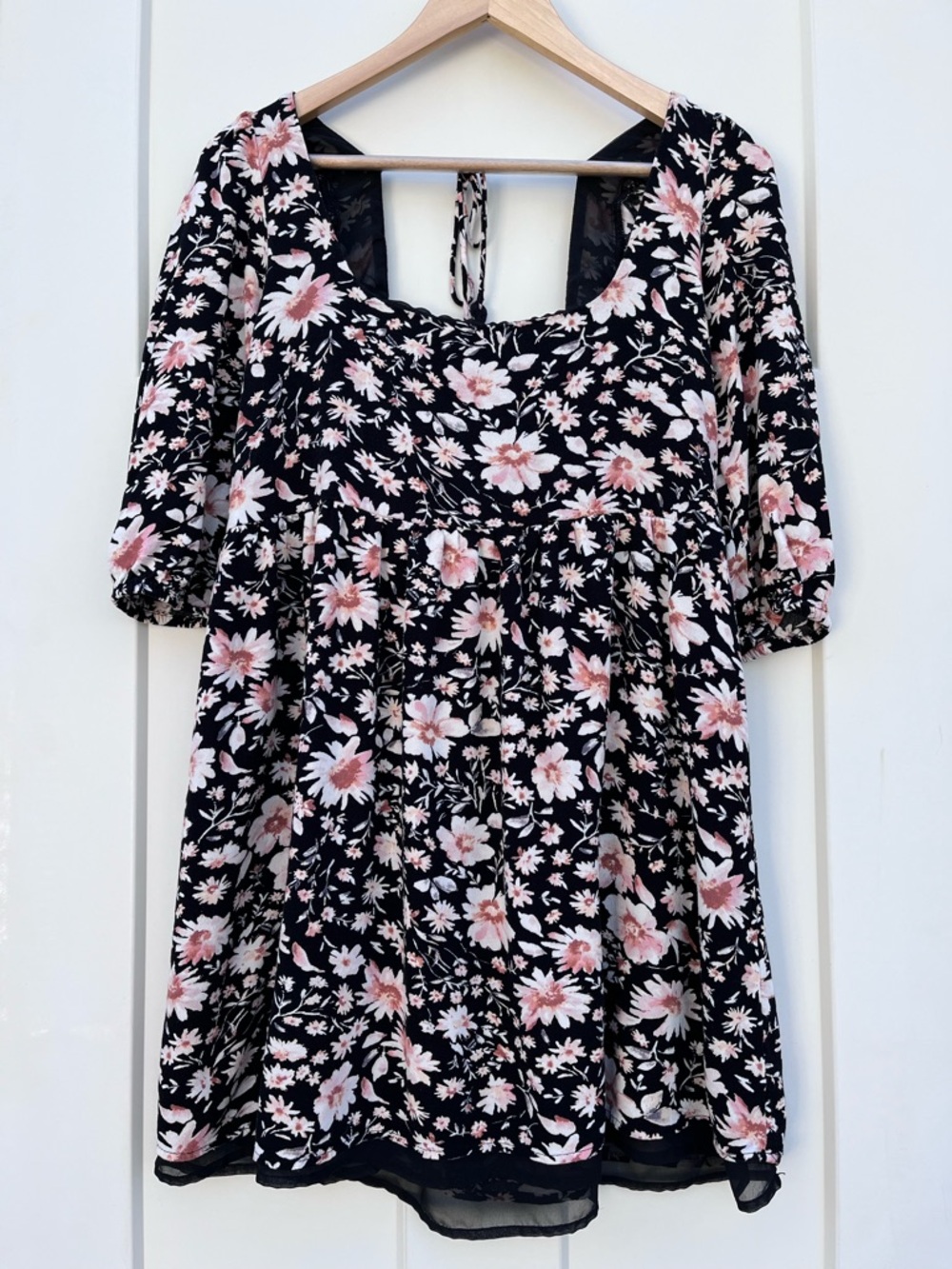 Black Floral Puff-Sleeve with Pink Blossoms Babydoll Mini Dress